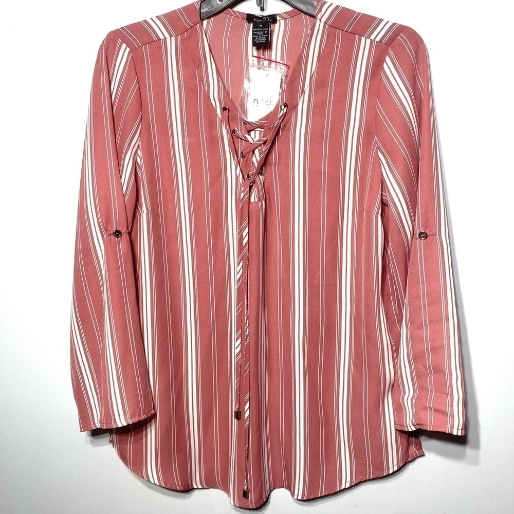 Rue 21 Women’s Sheer Blouse Sz M Pink/White Stripes Roll Tab Sleeves Lace Up Top